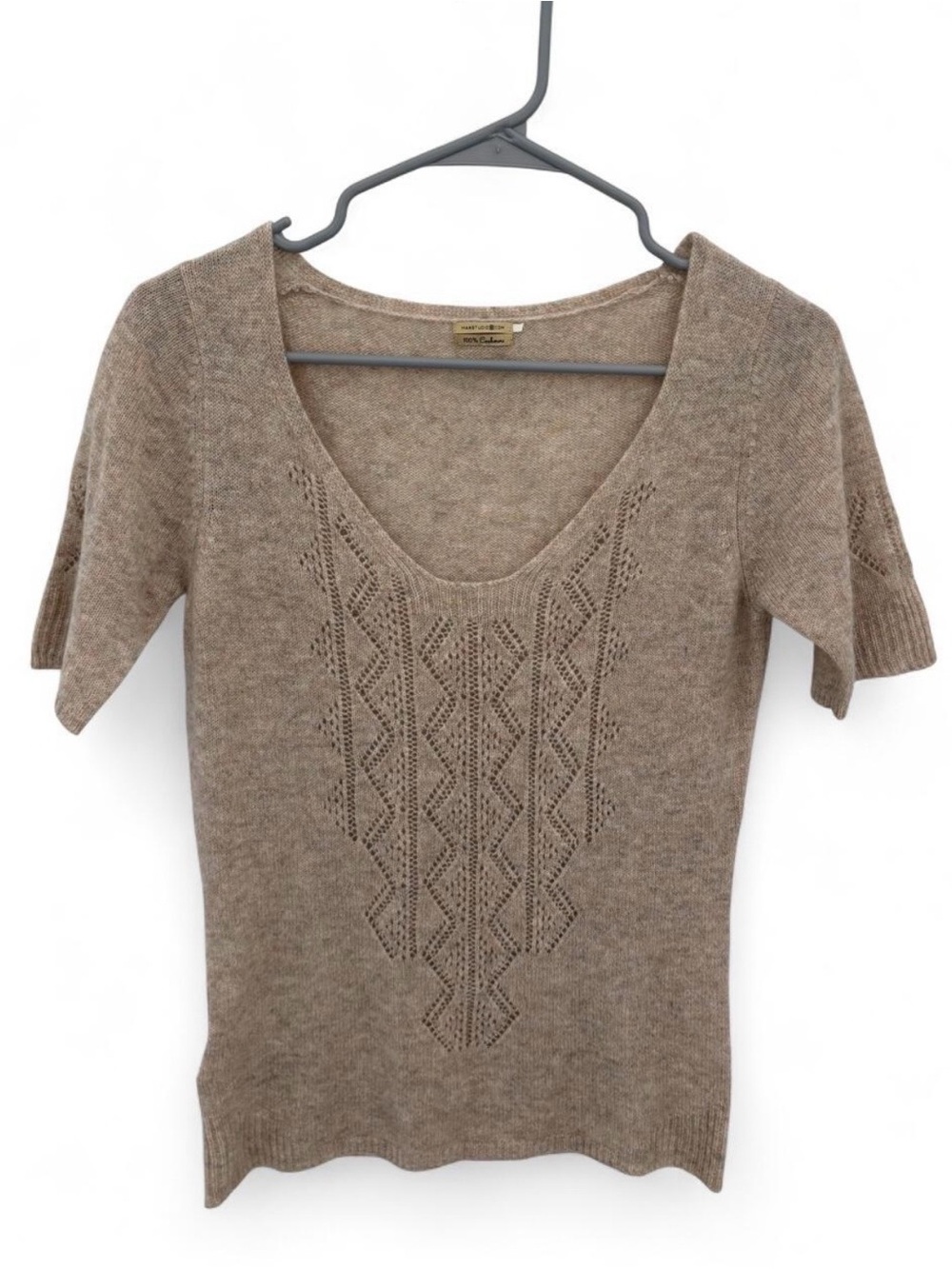 NWOT Max Studio 100% Cashmere Short Sleeve Pointelle Chevron Sweater Small Soft